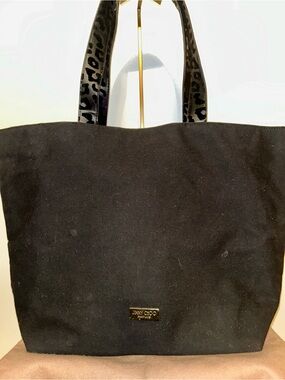 Jimmy Choo Black Canvas GLITTER Tote with Leopard-Print Handles